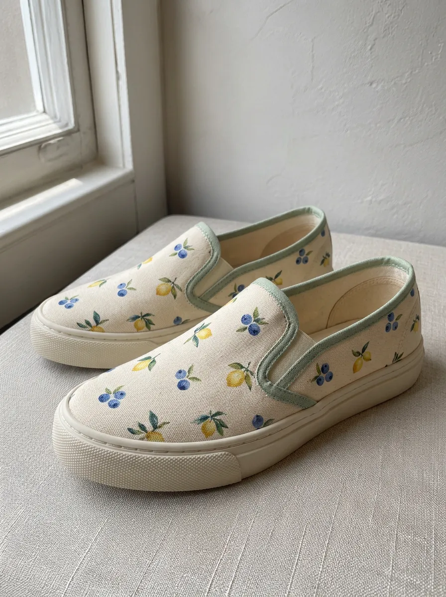 Women's Modern Lemon and Blueberry Fruit Pattern Patterned Slip-on Canvas Shoes