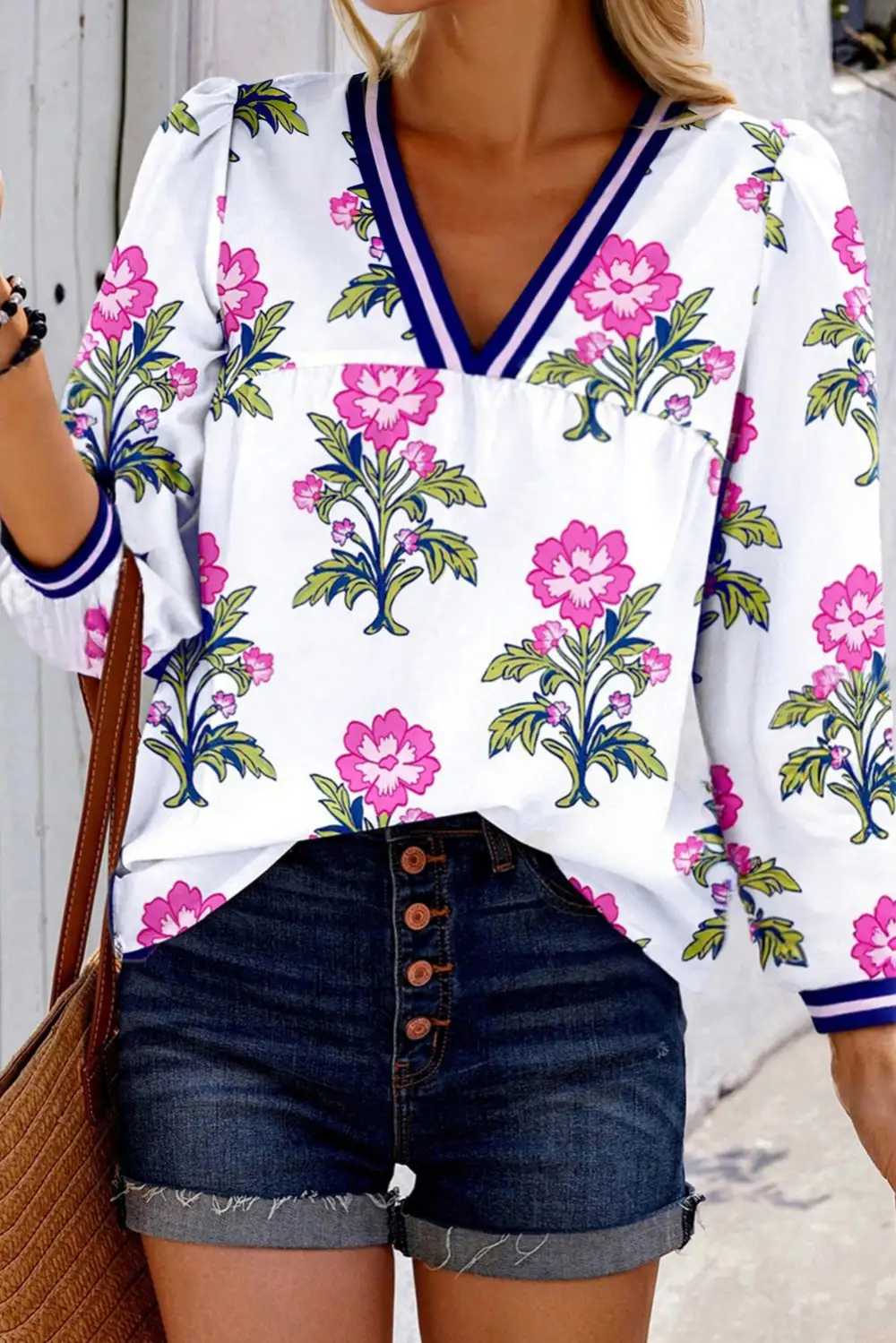 Women's Floral Print V Neck Striped Top