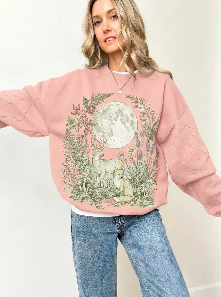 Women's Nature Forest Moon Deer Fox Constellation Graphic Sweatshirt