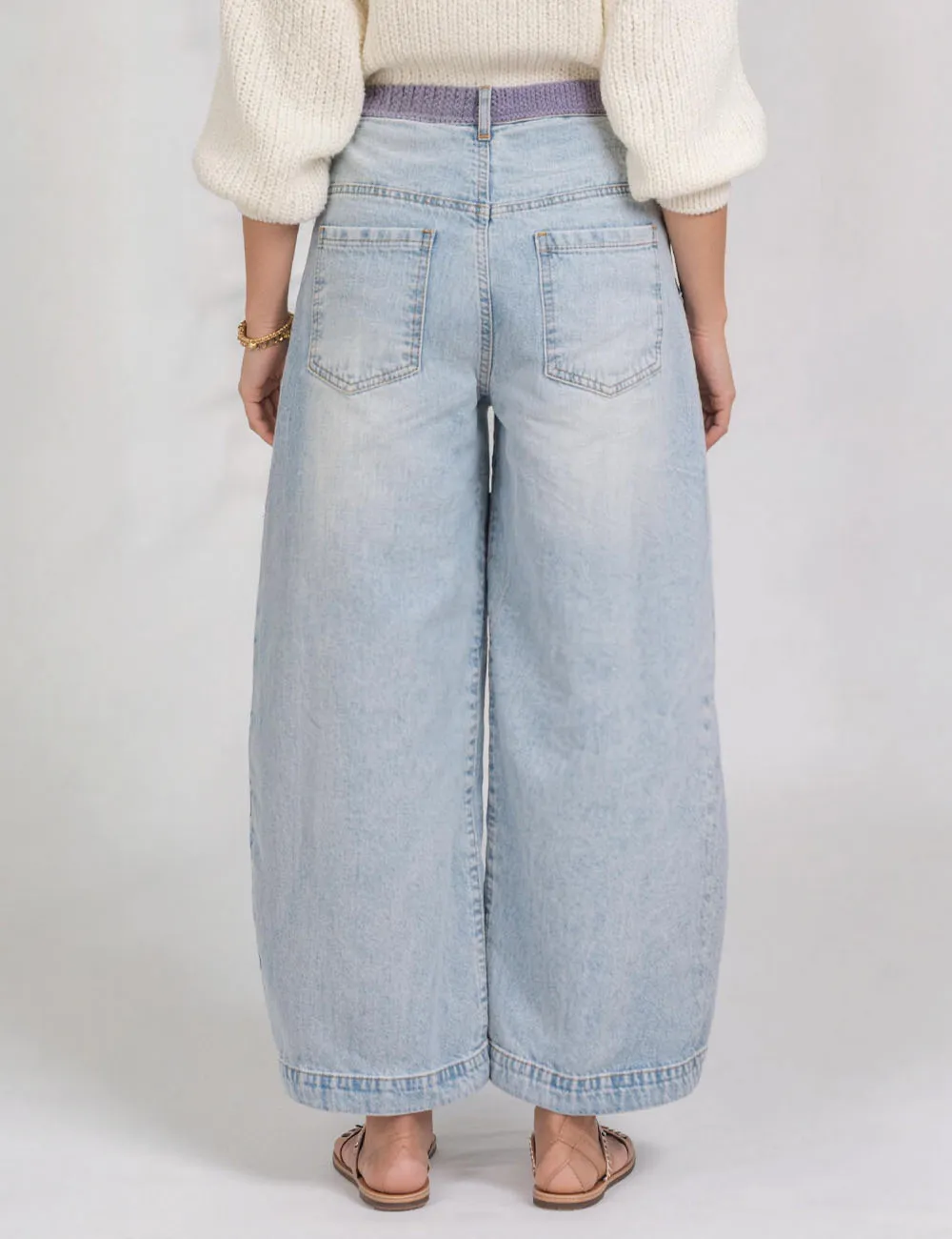 Color Block Drawstring Waist Barrel Leg Denim Pants