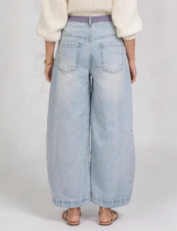 Color Block Drawstring Waist Barrel Leg Denim Pants
