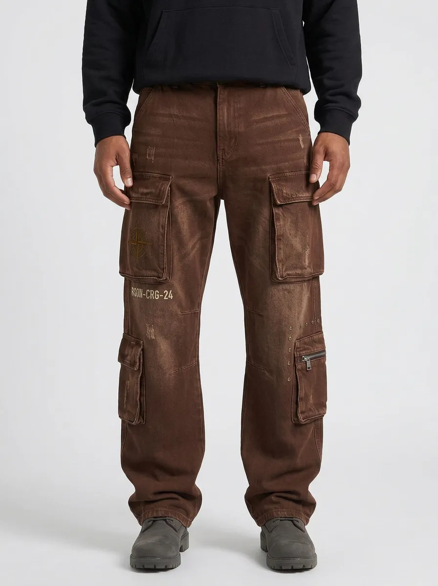 Men's Compass Graphic Distressed Denim Printed Cargo Jeans
