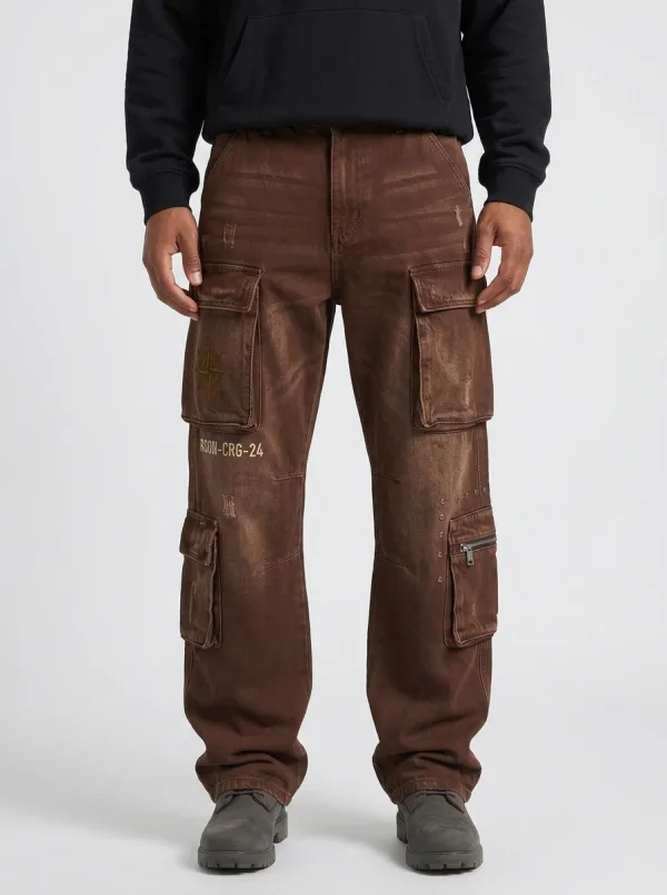 Men's Compass Graphic Distressed Denim Printed Cargo Jeans