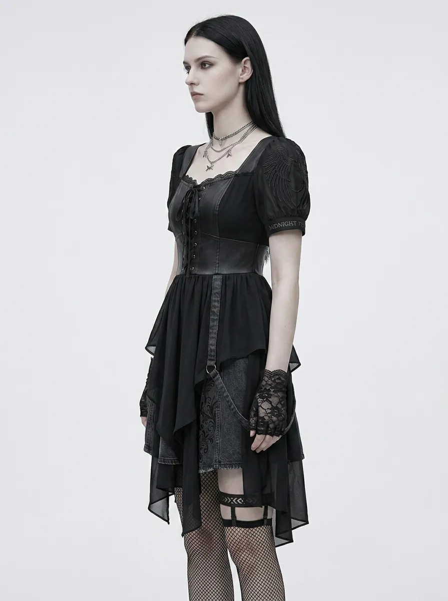 Women's Gothic Punk Lace-up Wing Embroidered Top