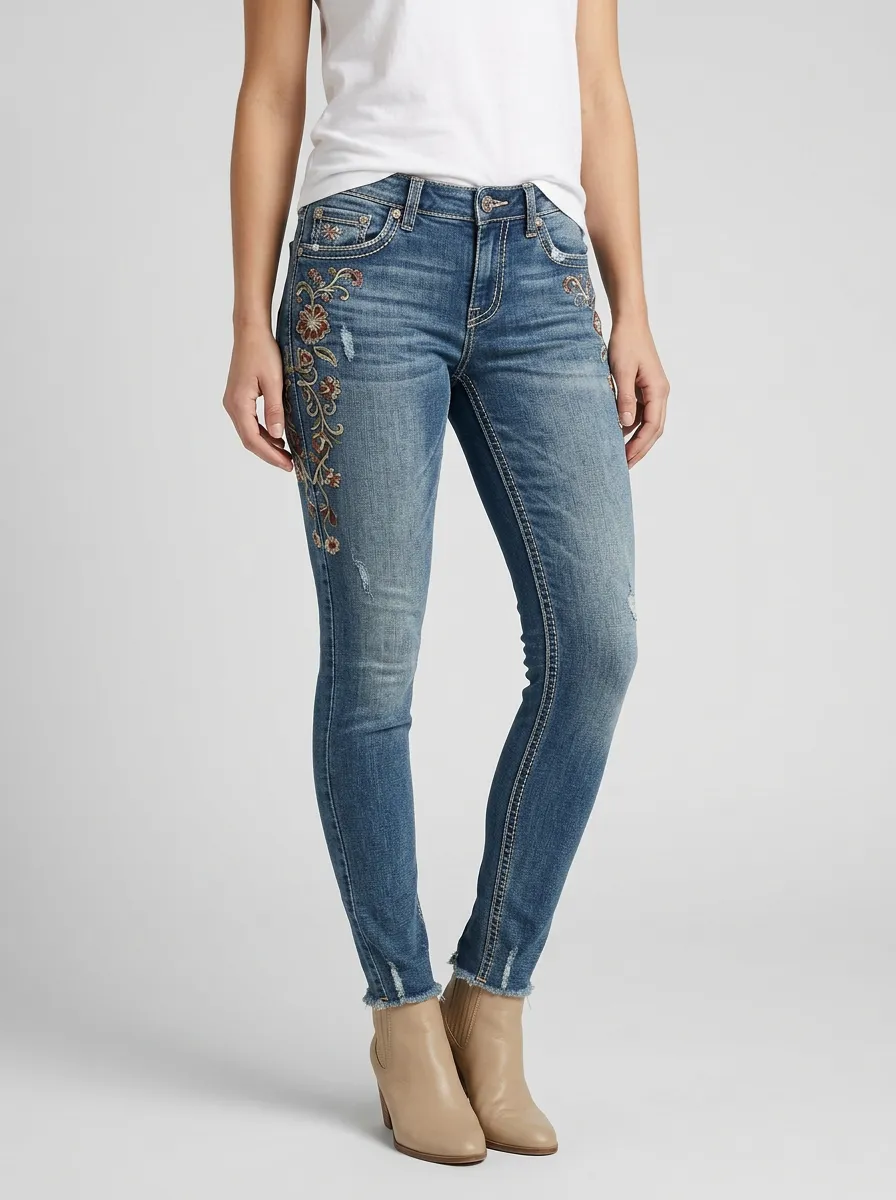 Women's Floral Embroidery Distressed Printed Slim Jeans