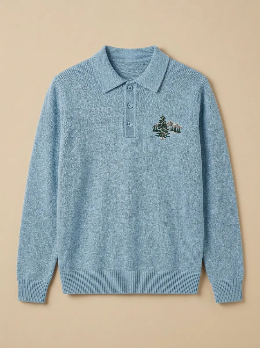 Men's Outdoor Mountain Pine Embroidered Polo Knit Sweater