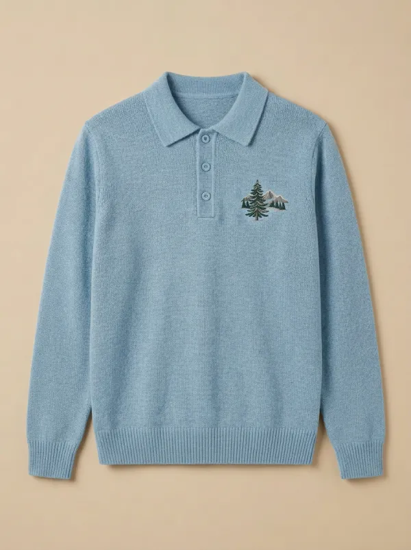 Men's Outdoor Mountain Pine Embroidered Polo Knit Sweater