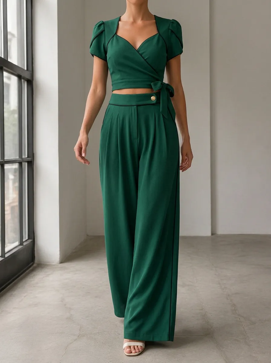 Women's Elegant Wrap Crop Wide Leg Pants Set