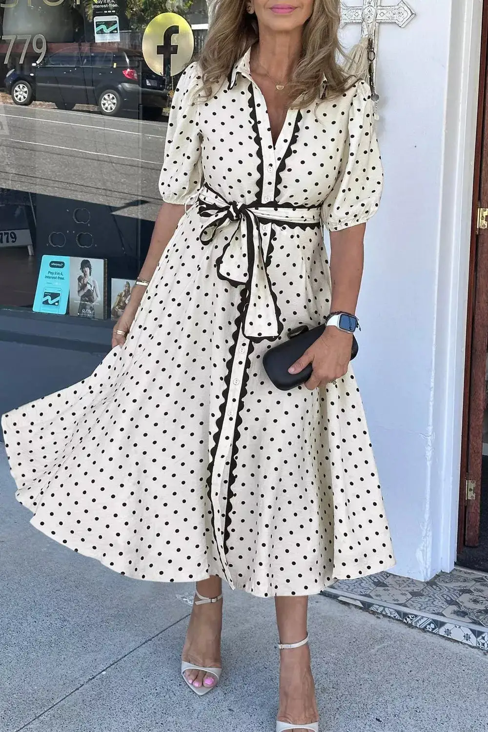 Polka Dot Short Sleeve Midi Dress