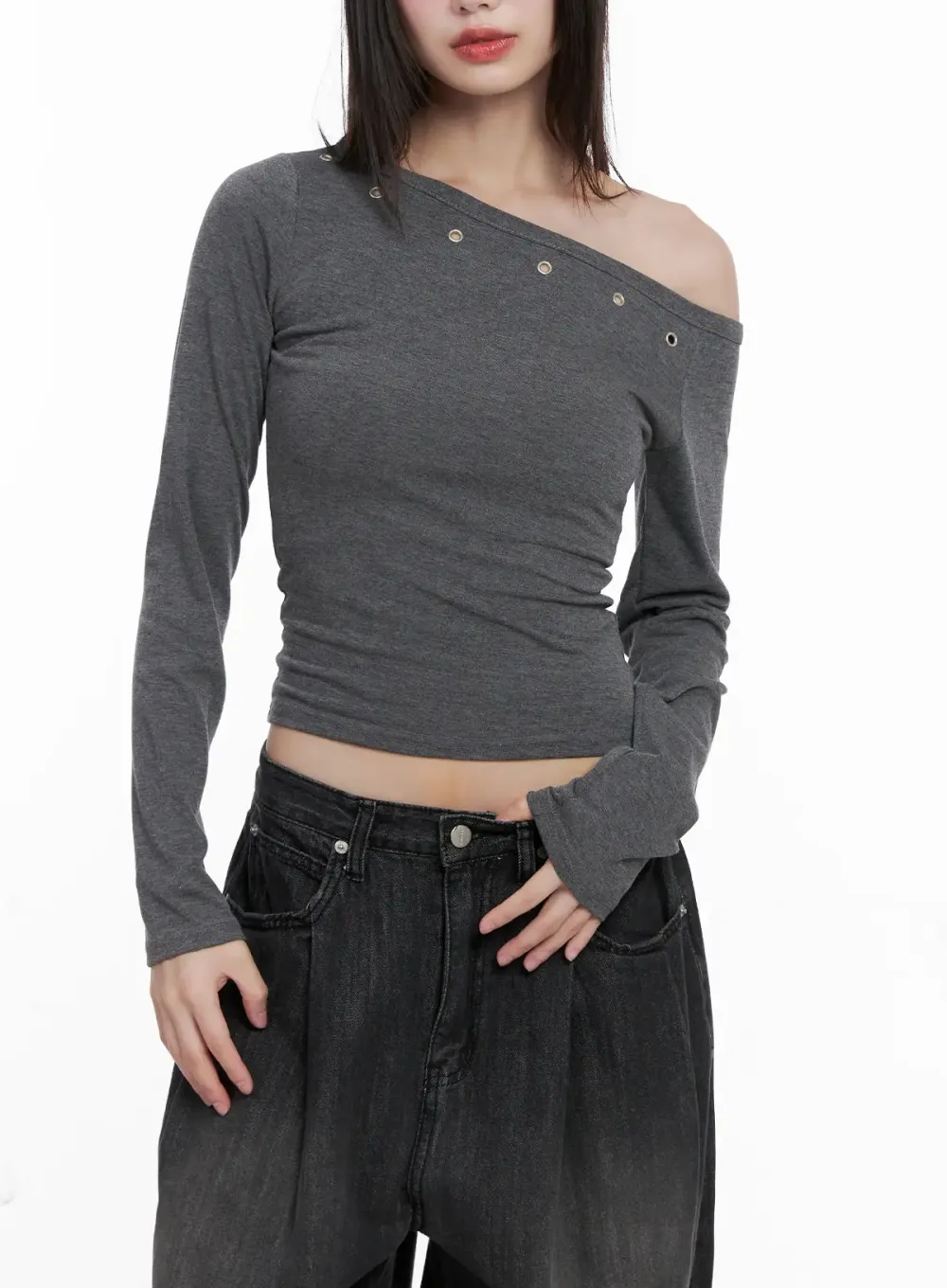 Asymmetrical Eyelet Long Sleeve Top