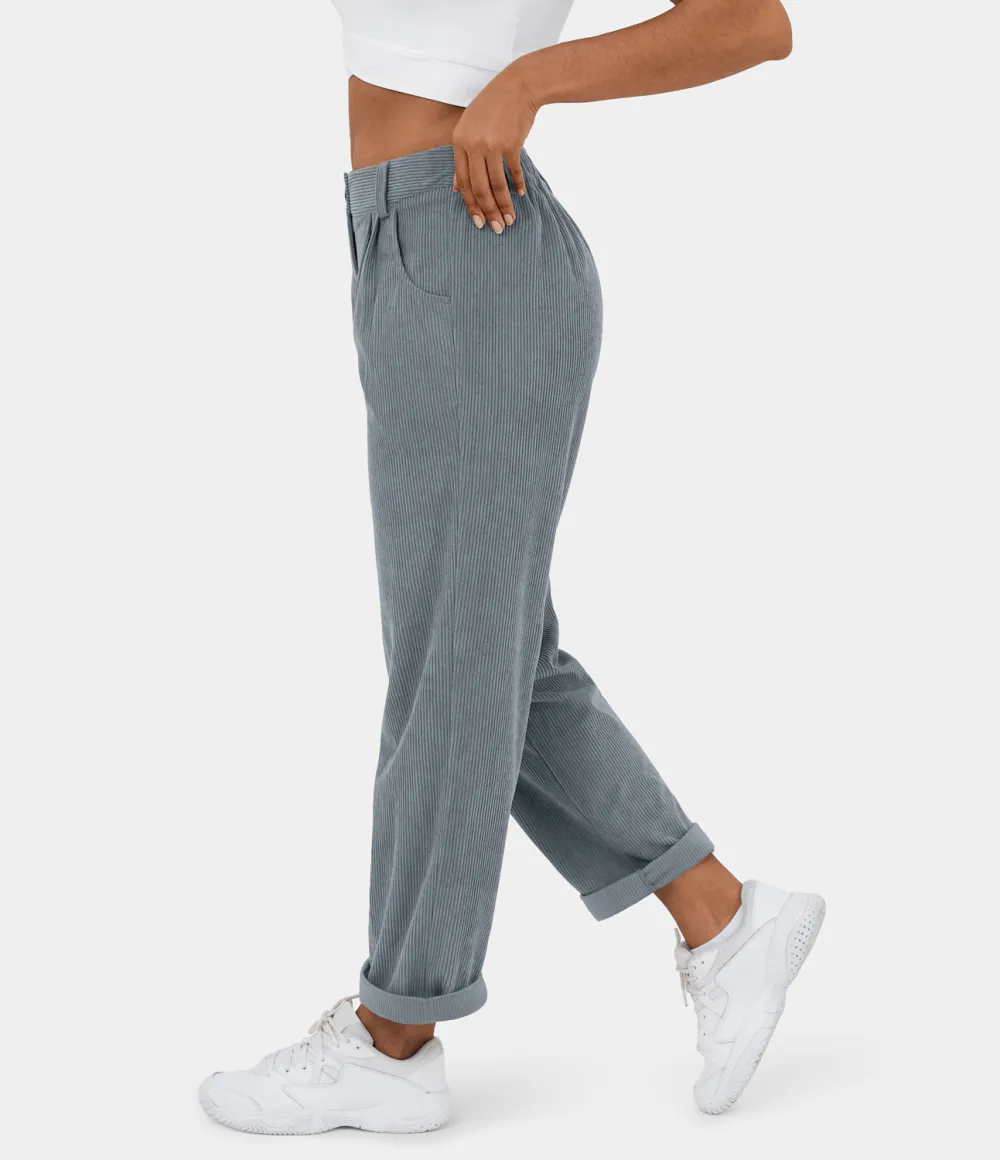 Mid Rise Button Zipper Side Pocket Corduroy Casual Pants