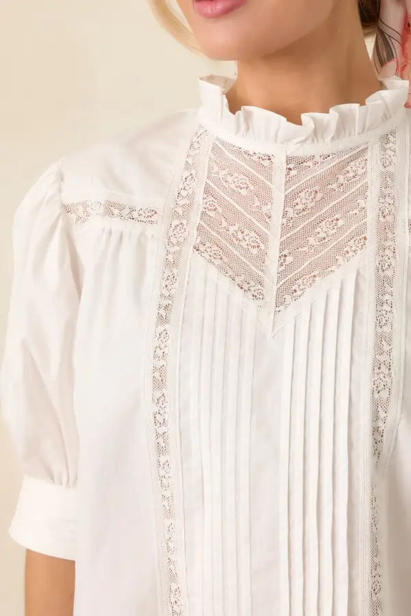 Pintuck Lace-Trim Short-Sleeve Puff-Sleeve Top
