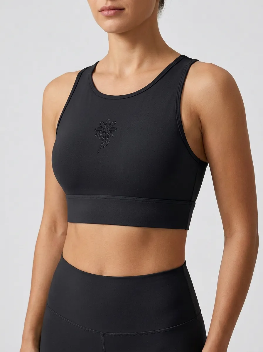 Women's Daisy-Embroidered High-Neck Sports Bra