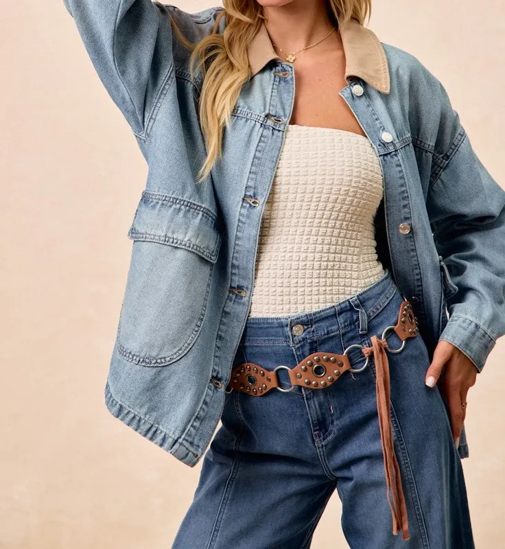 Washed Denim Jacket with Contrast Collar Detail