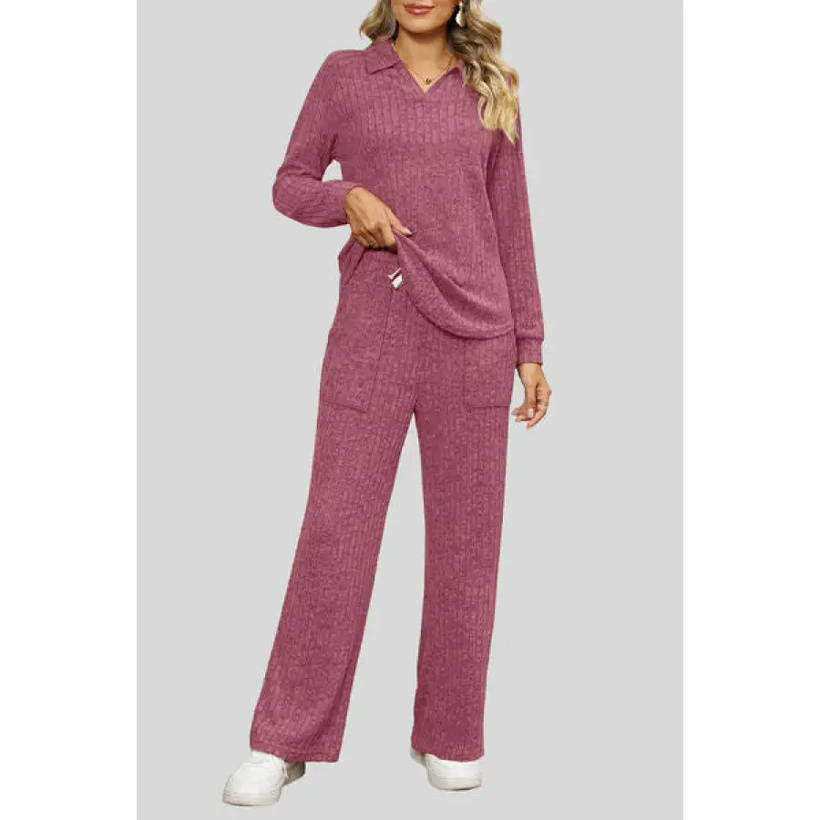 Ribbed Long Sleeve Top and Pocketed Pants Set