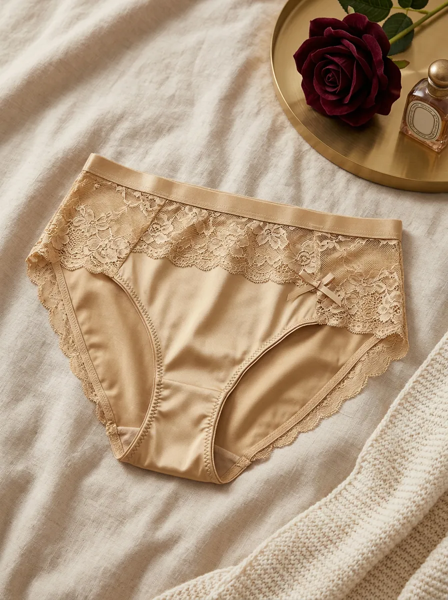 Women's Beige Floral Lace Trimmed Bowknot Panties
