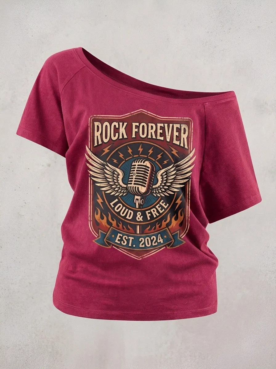 Women's Rock Music Lover Winged Microphone Printed Off-Shoulder T-Shirt