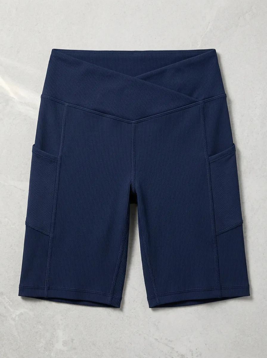 Women's Yoga Fitness Navy Ribbed Cross-Waist Pocket Biker Shorts