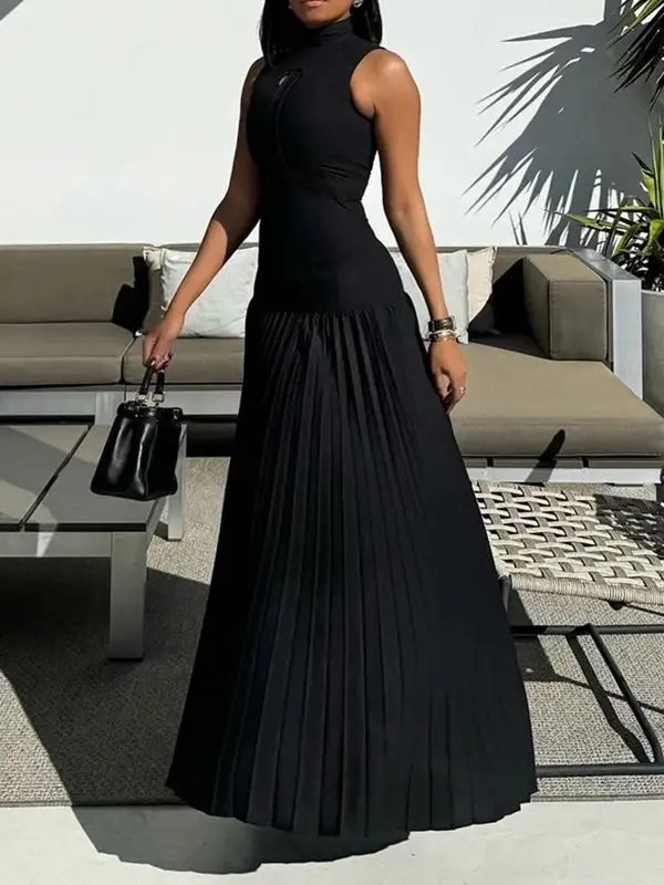 Mock Pleated Sleeveless Neck Maxi Dress