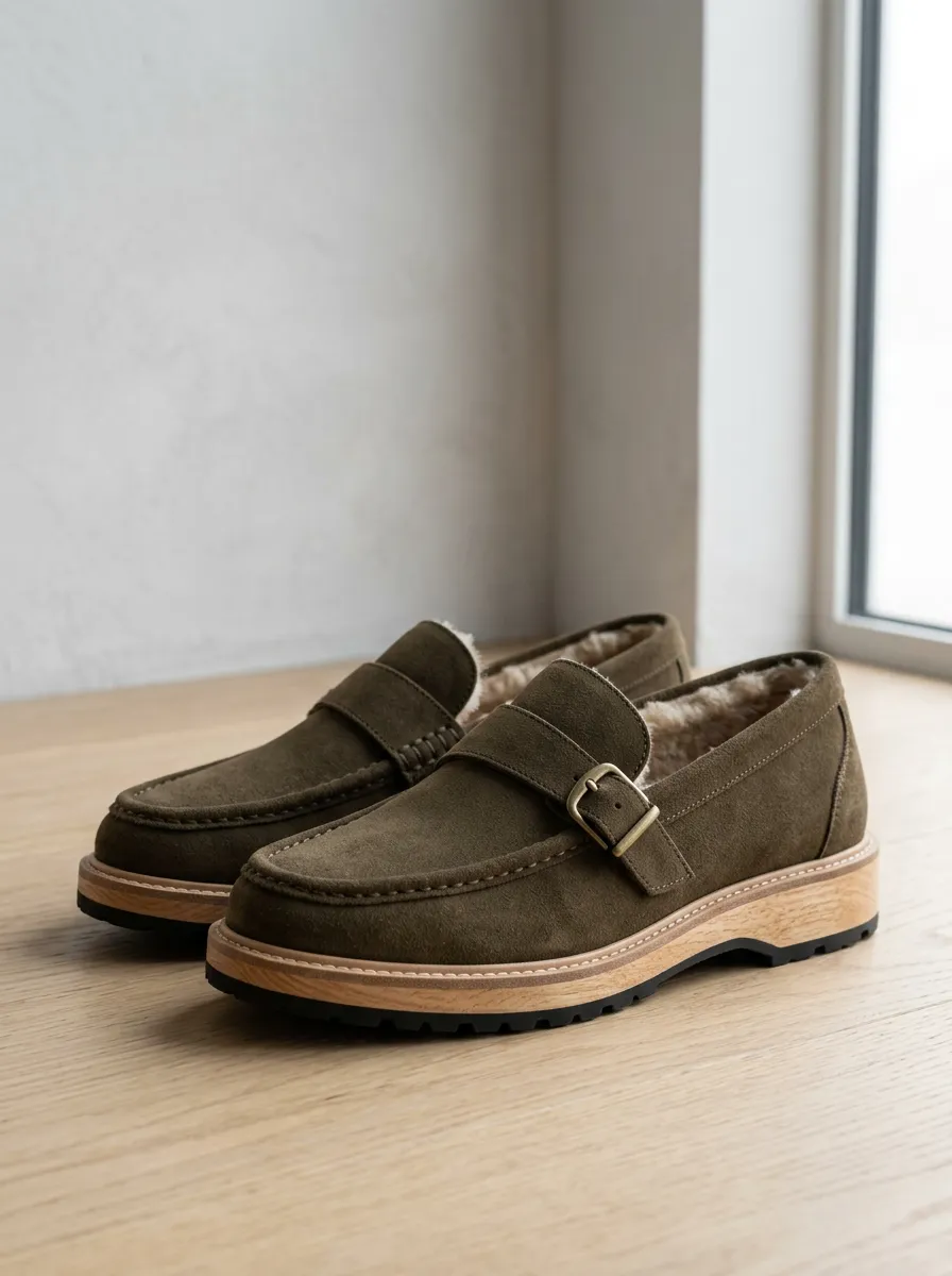 Buckle Detail Suede Wood Sole Loafers