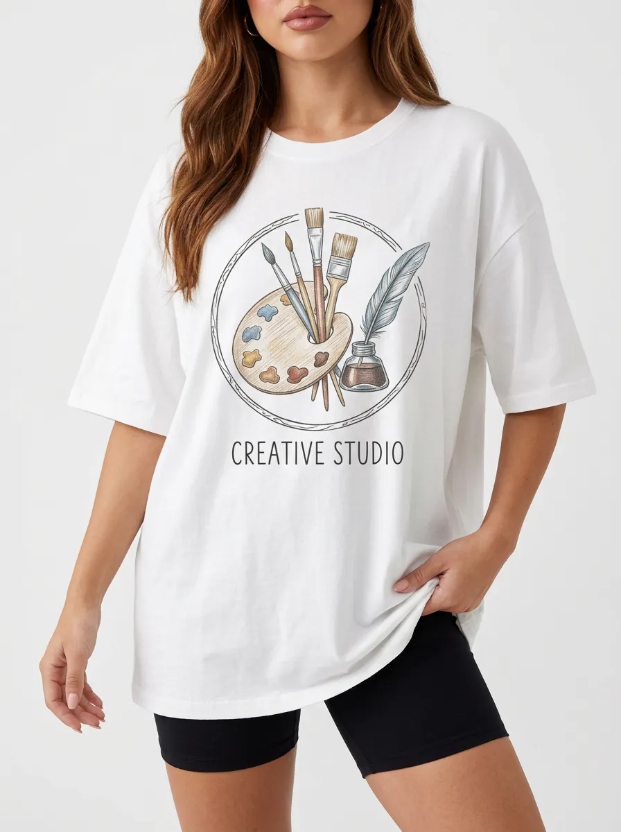 Women's Artist Creative Studio Paintbrush Palette Printed T-Shirt