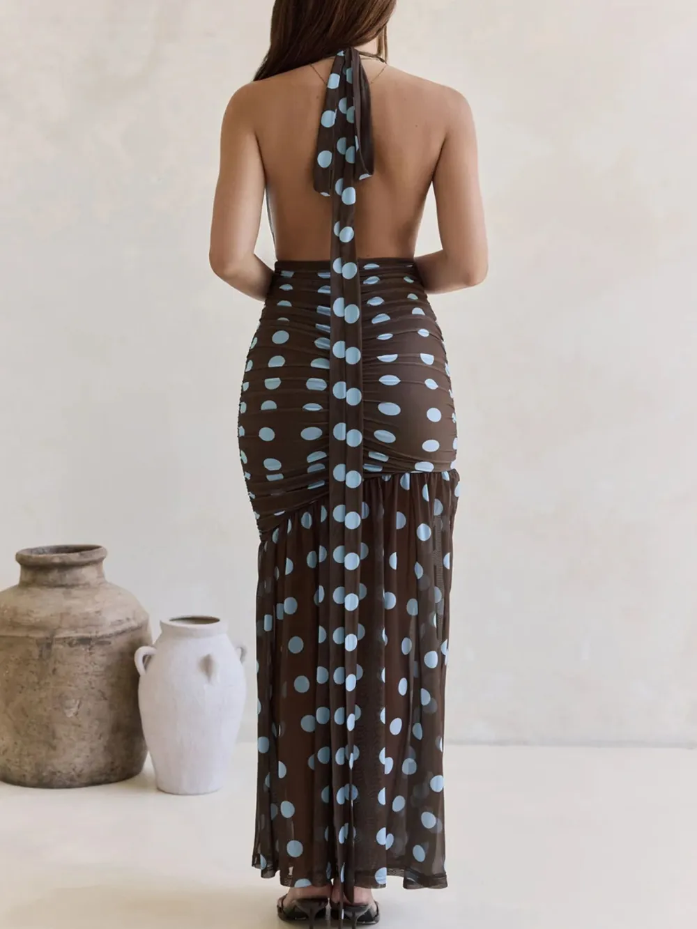 Polka Dot Ruched Maxi Dress
