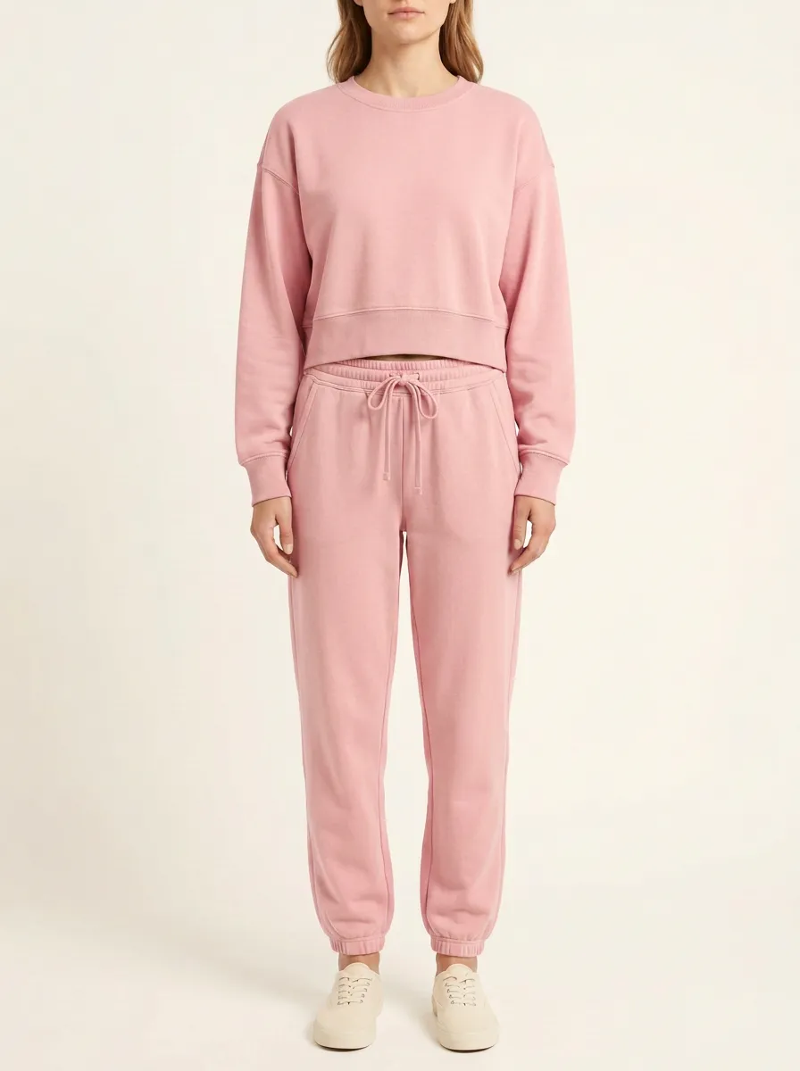 Women's Cropped Crewneck Drawstring Jogger Lounge Set