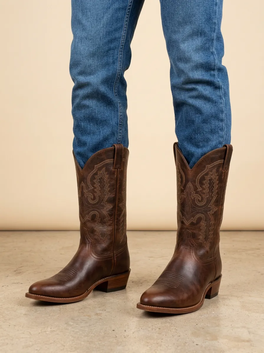 Men's Western Cowboy Brown Leather Embroidered Stitching Boots