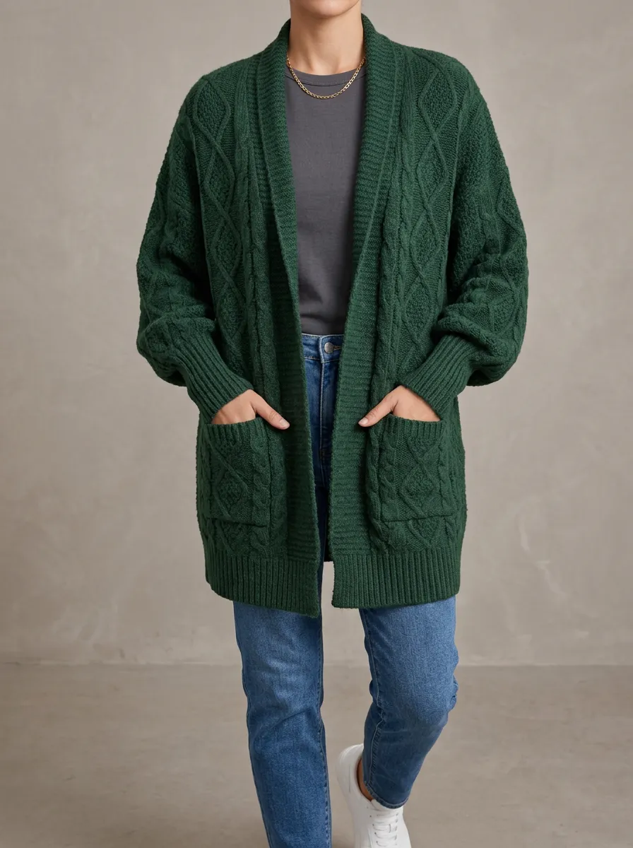 Women's Cable Knit Open Front Shawl Collar Cardigan