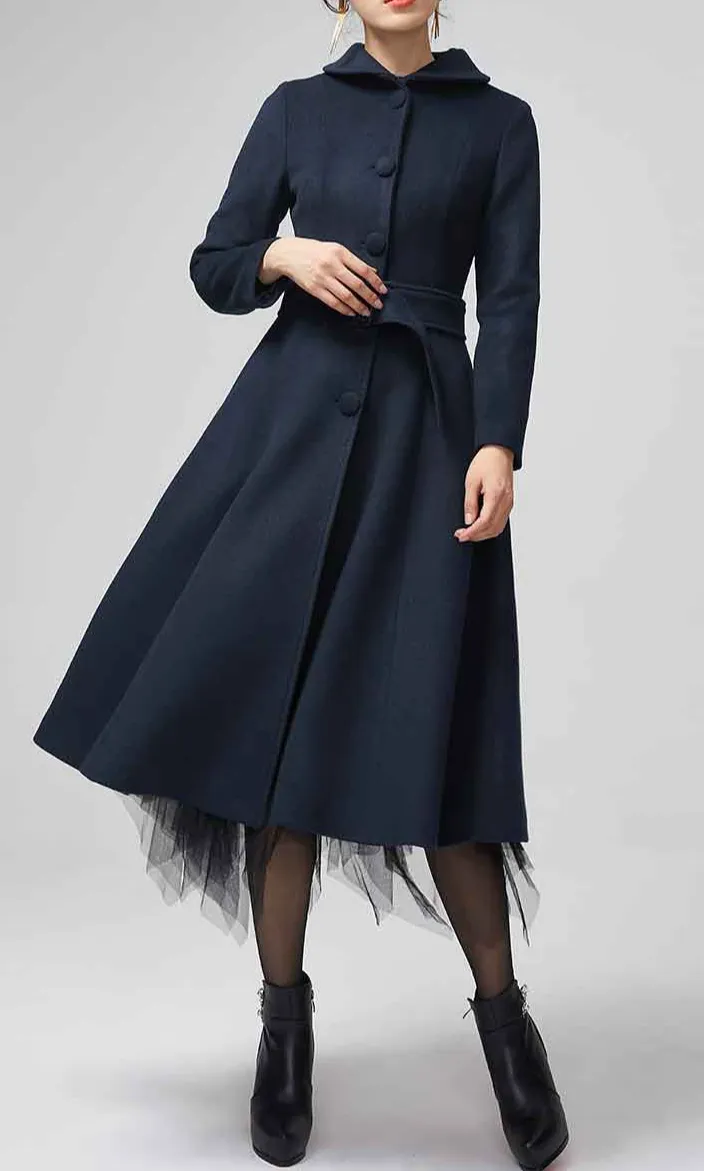 Classic Wool Blend Fit and Flare Belted Lapel Collar Pocketed Coat