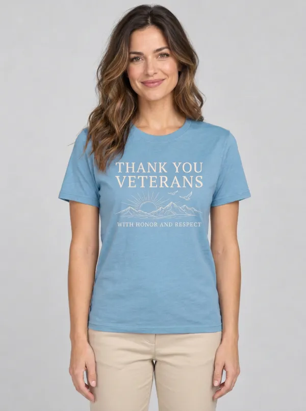 Women's Veterans Day Mountain Sunset Graphic Crewneck T-Shirt