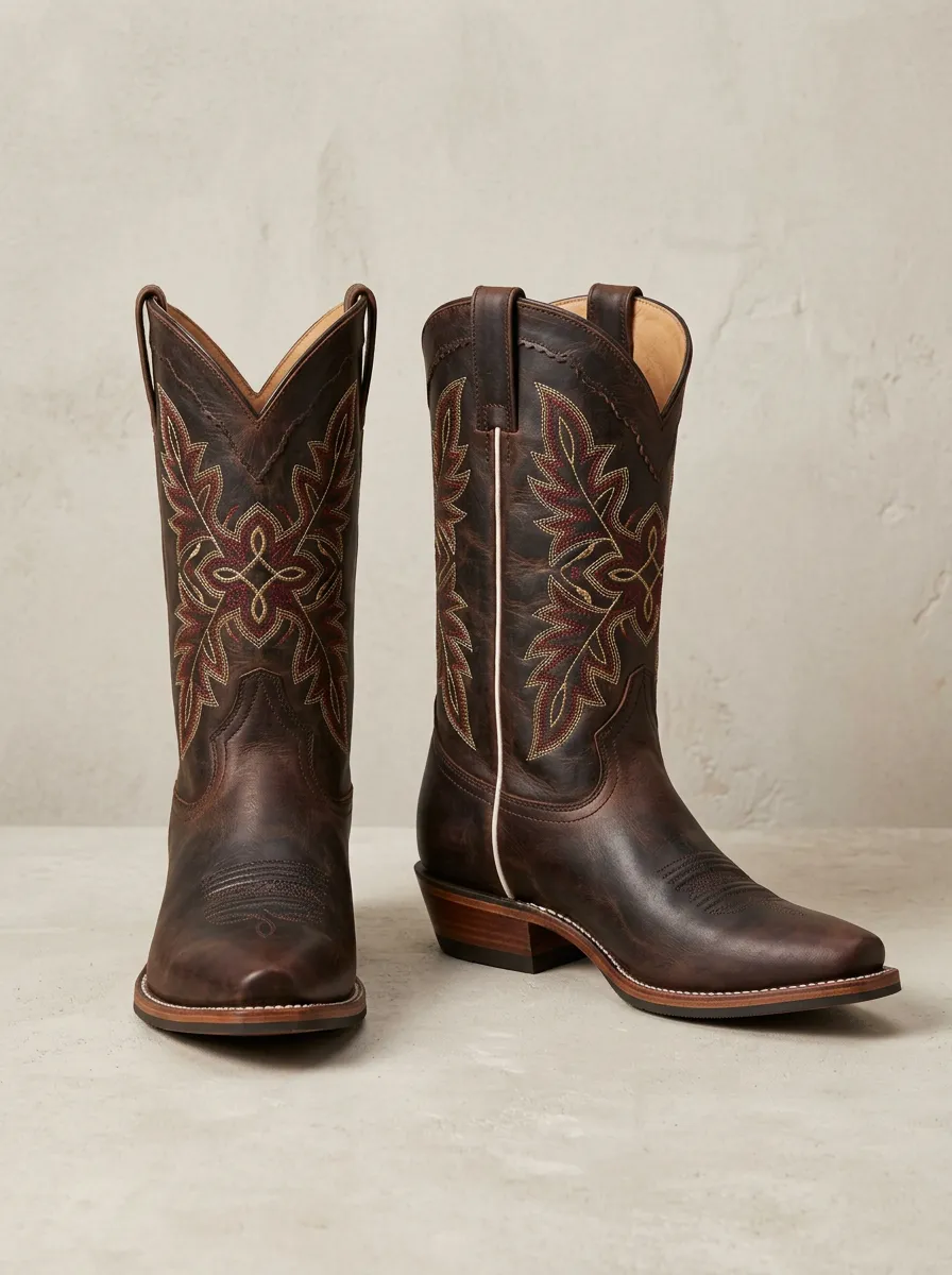 Men's Classic Western Embroidered Brown Leather Printed Boots