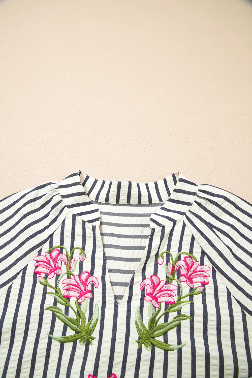 Blue Stripe Floral Embroidered Detail Blouse