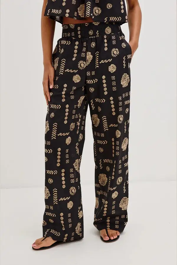 Bohemian Print Black Wide Leg Pants