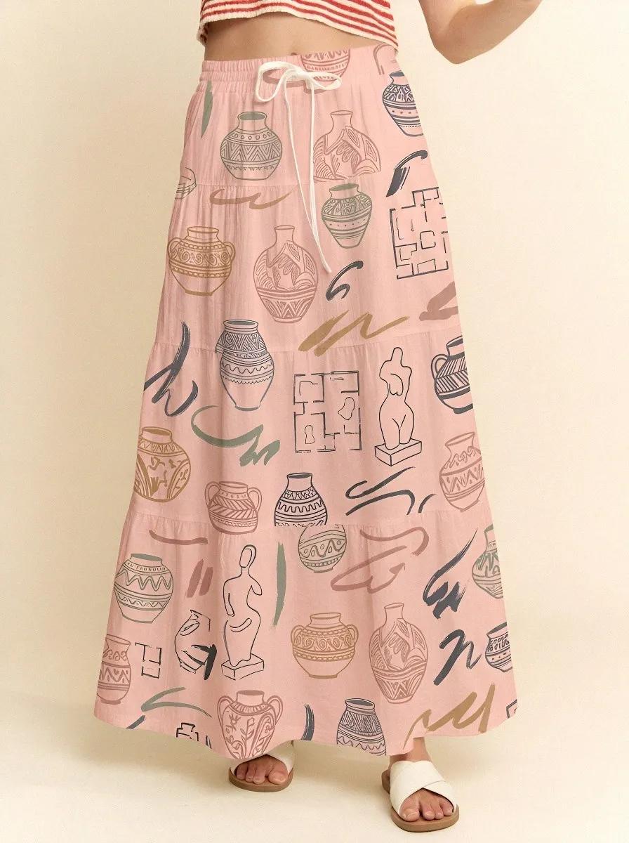 Women's Art Lover Greek Pottery Statue Printed Maxi Skirt