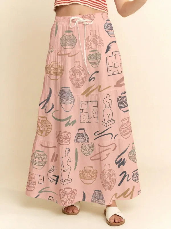 Women's Art Lover Greek Pottery Statue Printed Maxi Skirt