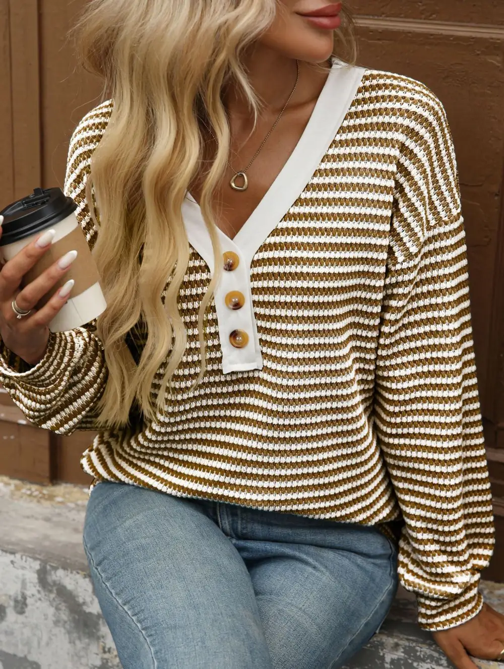 Button Down V Neck Top