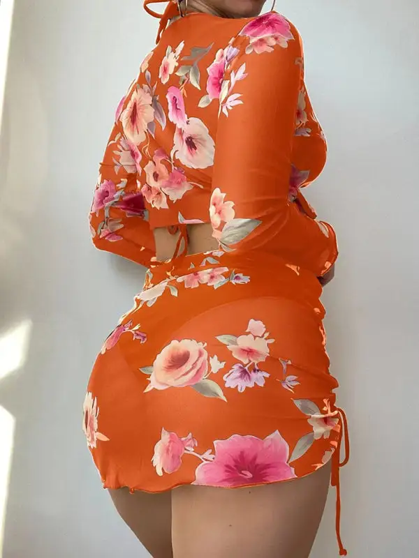 Drawstring Long Sleeve Bikini Swim Set