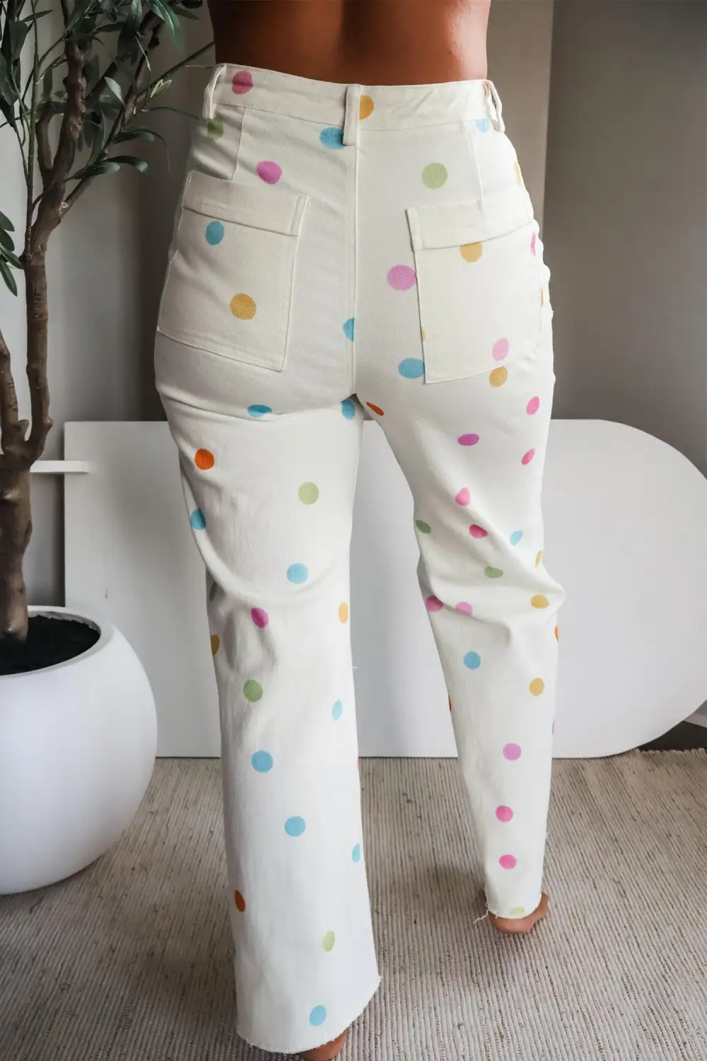Women's High Waist Polka Dot Straight Leg Casual Jeans