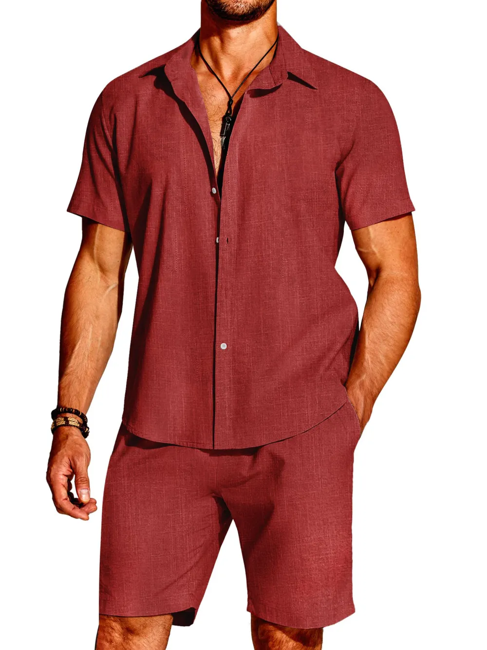 Linen Blend Short Sleeve Shirt Set