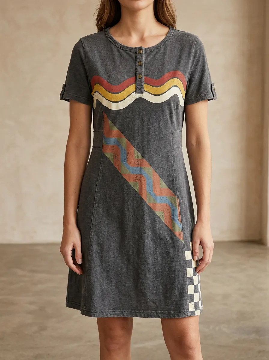 Women's Retro Boho Wave Chevron Checkerboard Printed Dress