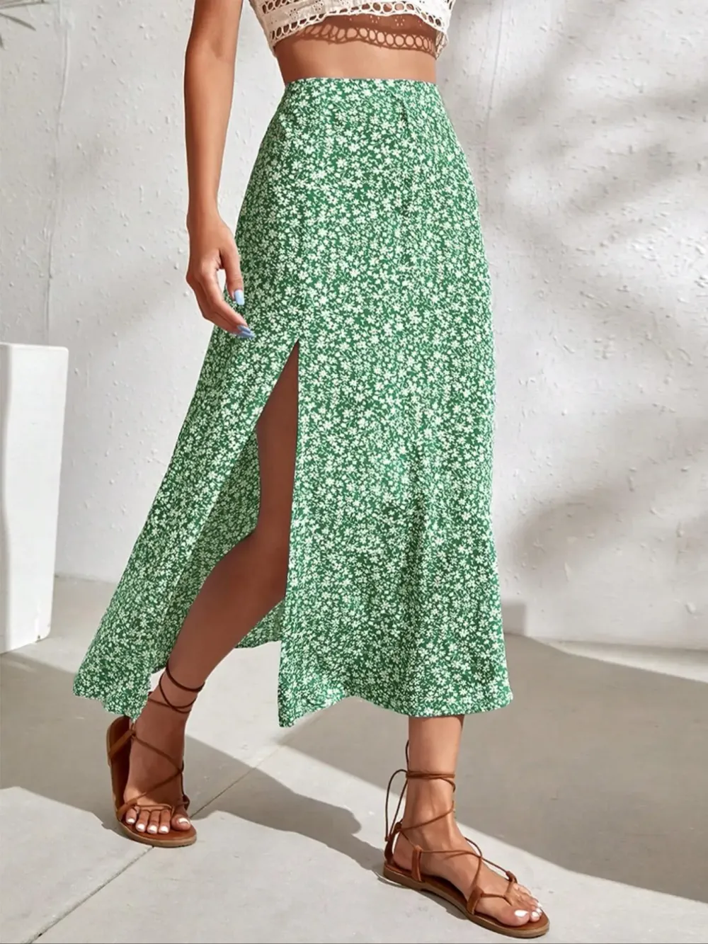 Women's Ditsy Floral Print Split Thigh A Line Skirt