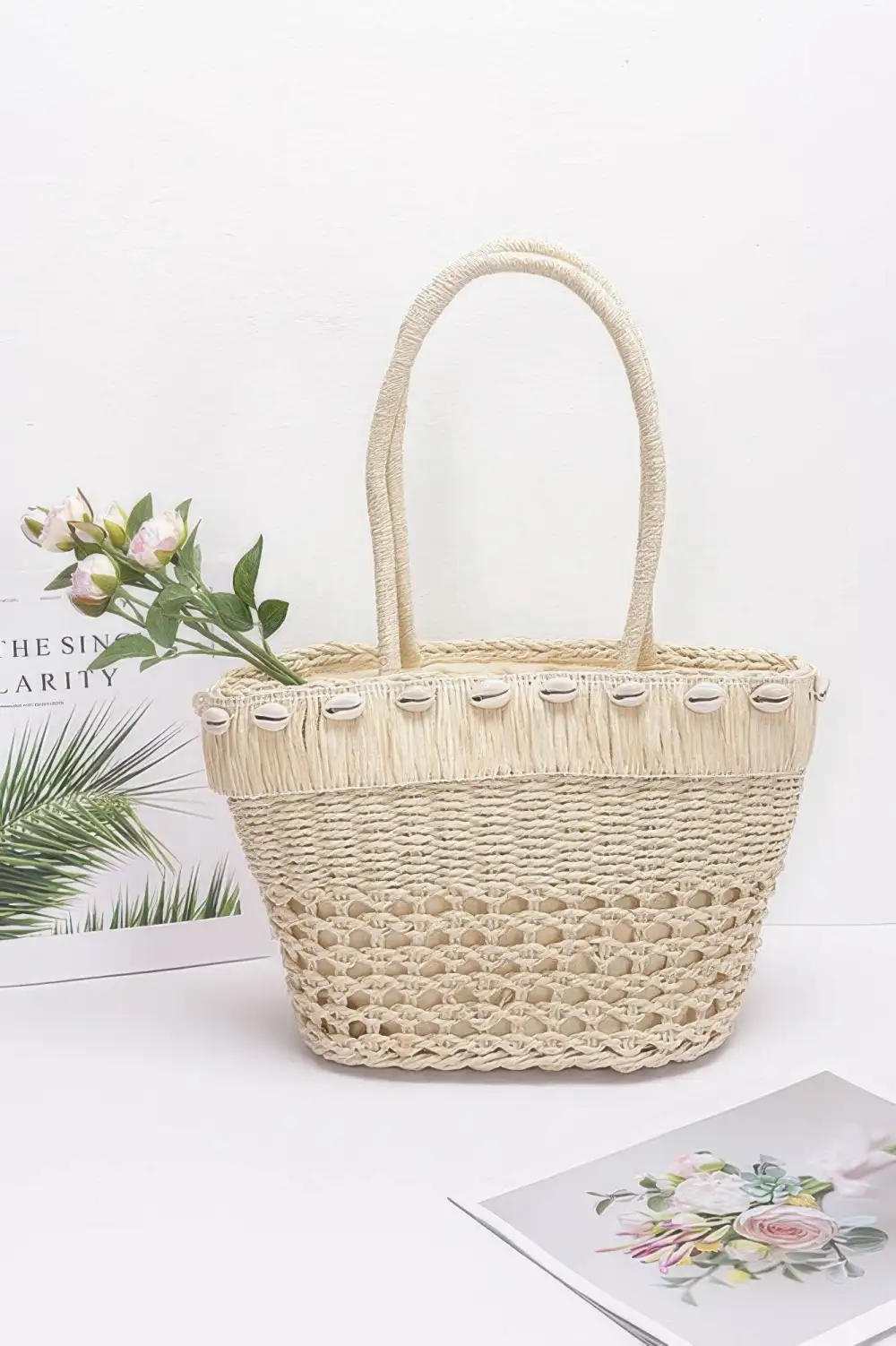 Faux Straw Shell Tote Bag