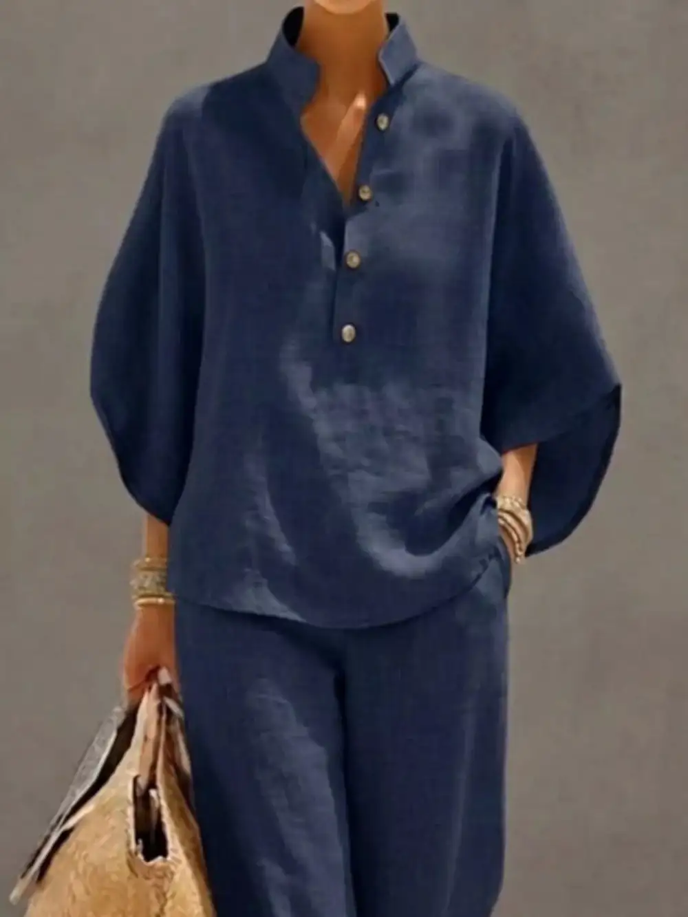 Full Size Button Detail Sleeve Top and Pants Set Plus Size