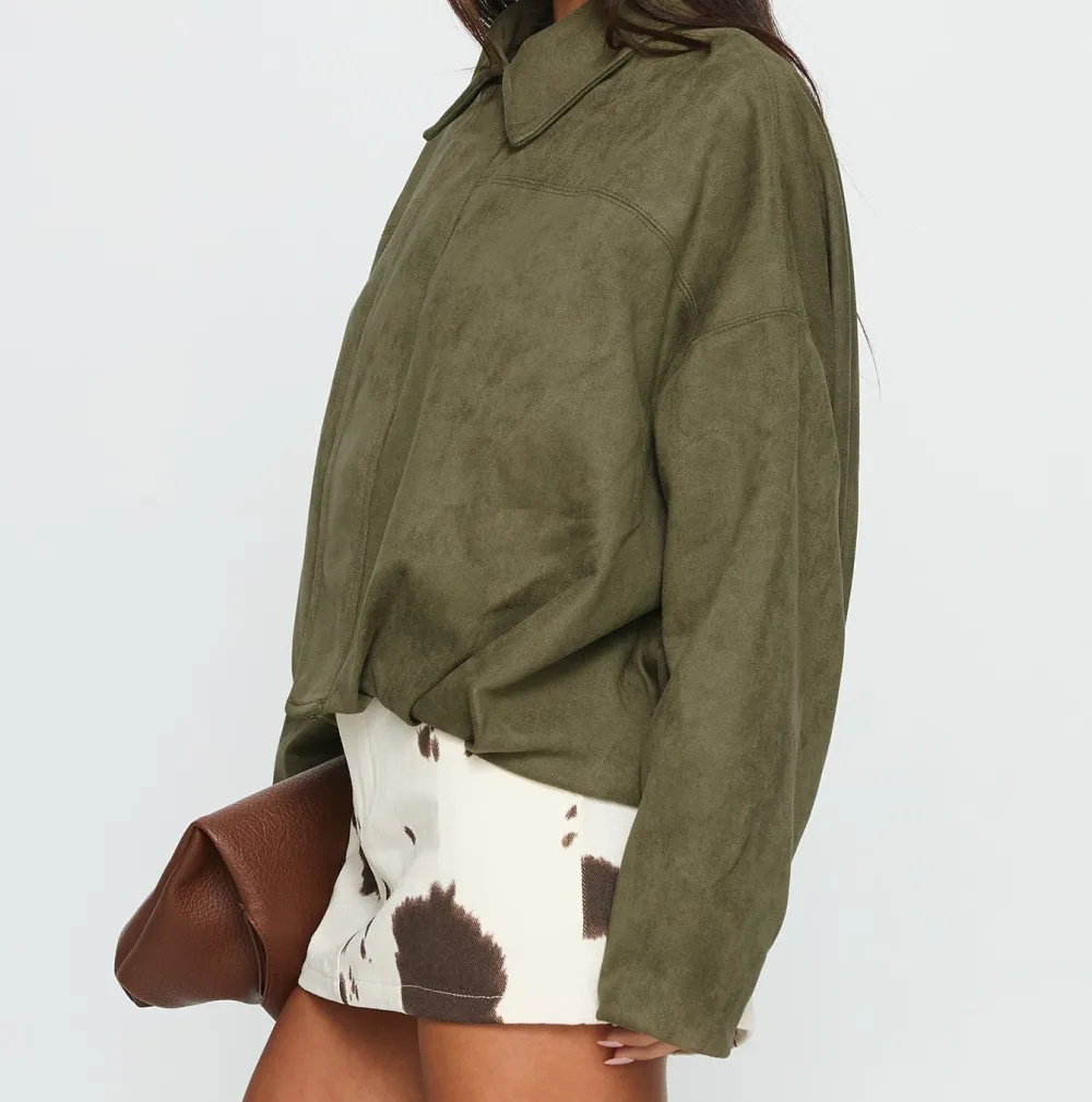 Khaki Faux Suede Oversized Collared Bomber Jacket