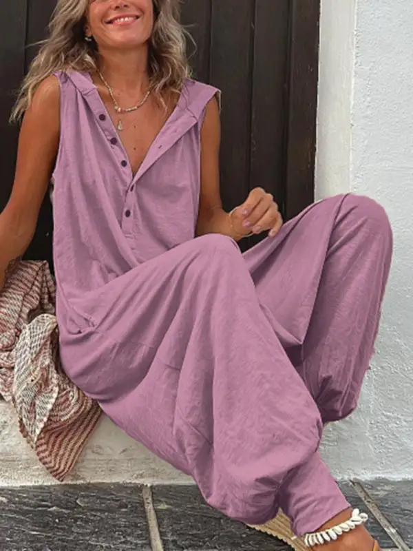 Clean Button Hooded Sleeveless Trousers Jumpsuit Pants