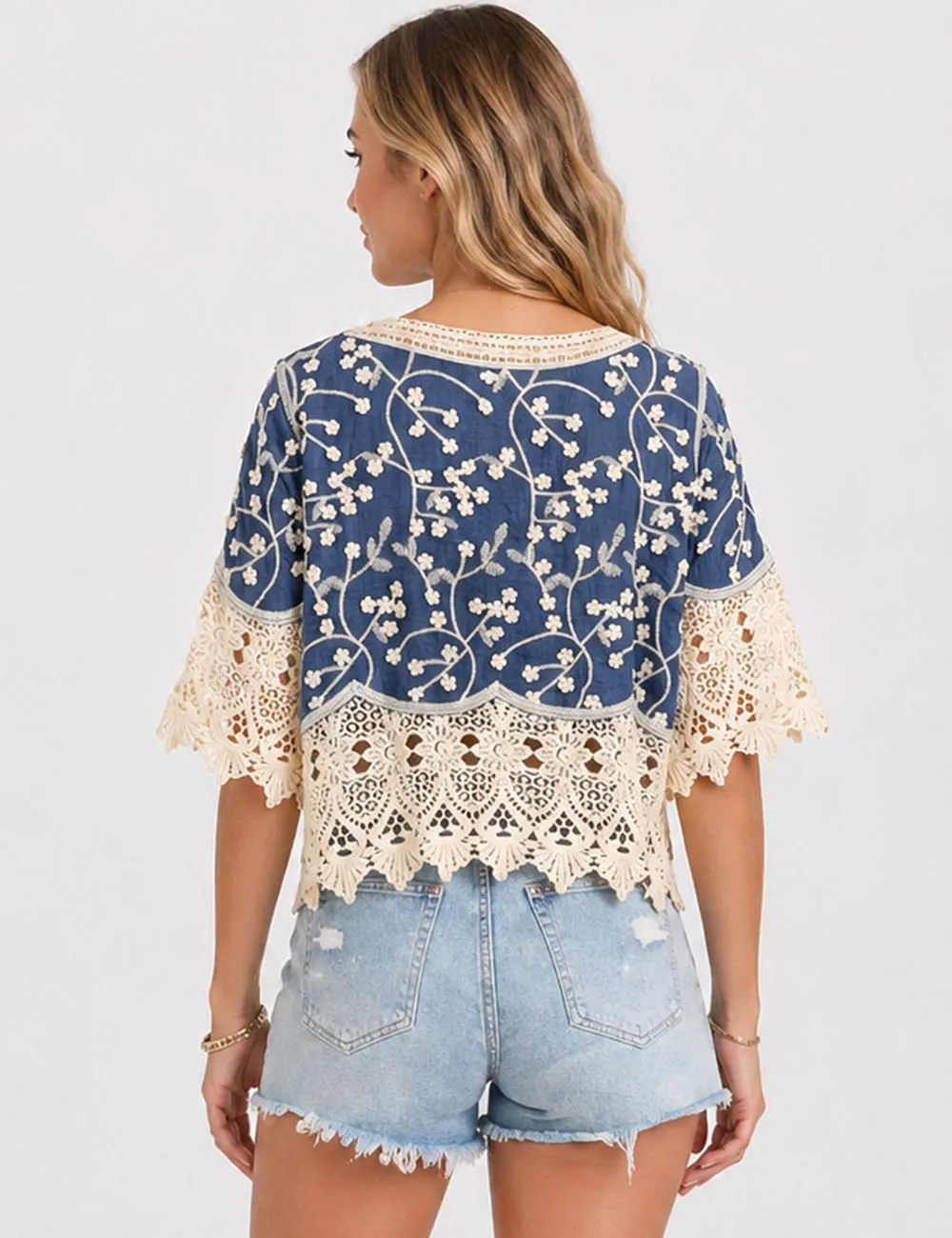 Boho Embroidery Lace Neck Tassel Blouse