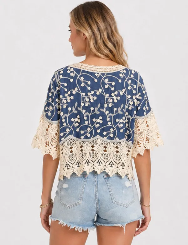 Boho Embroidery Lace Neck Tassel Blouse