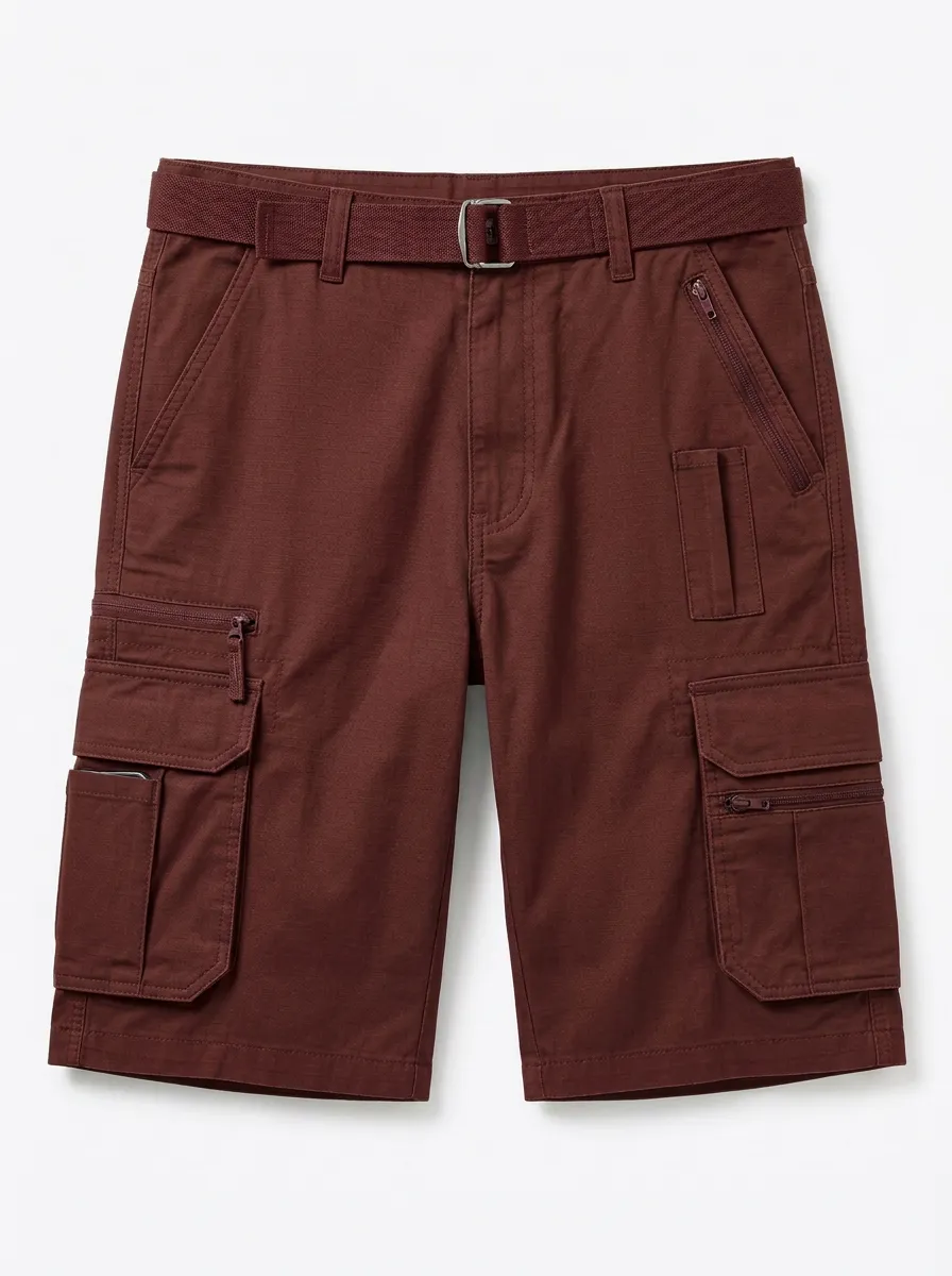 Men's Integrated Web Belt Zip Cargo Pockets Pen Slot Mid-Rise Cargo Shorts