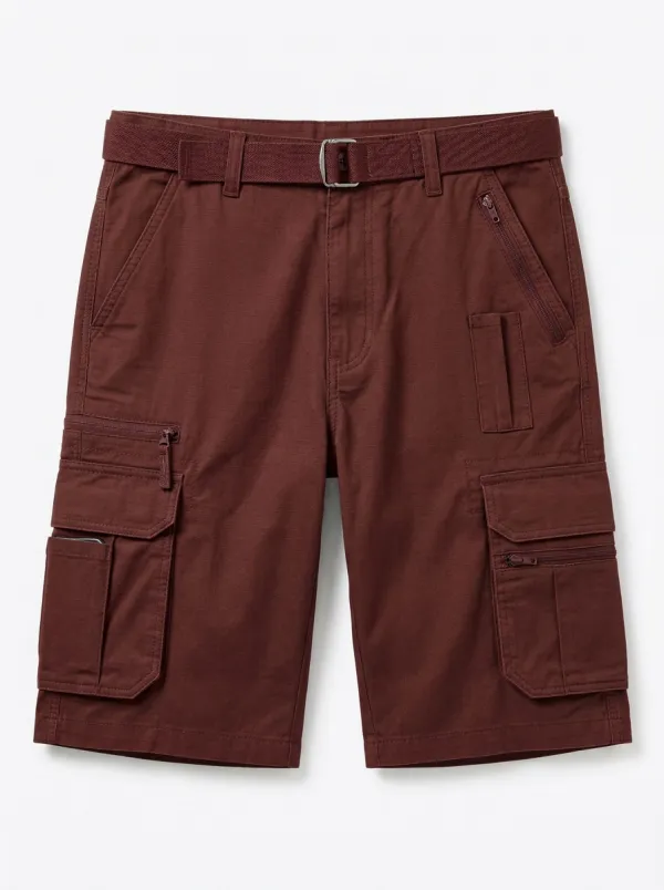 Men's Integrated Web Belt Zip Cargo Pockets Pen Slot Mid-Rise Cargo Shorts